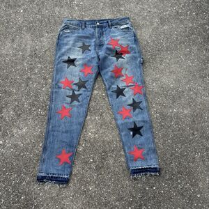 MNML Jeans Mens Size 34 Star Patch Straight Leg Light Blue Distressed Denim